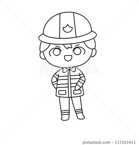 A cartoon character wearing a hard hat and a fireman's uniform 117263421