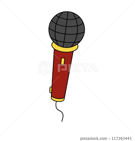 A red microphone with a black globe on top 117263441