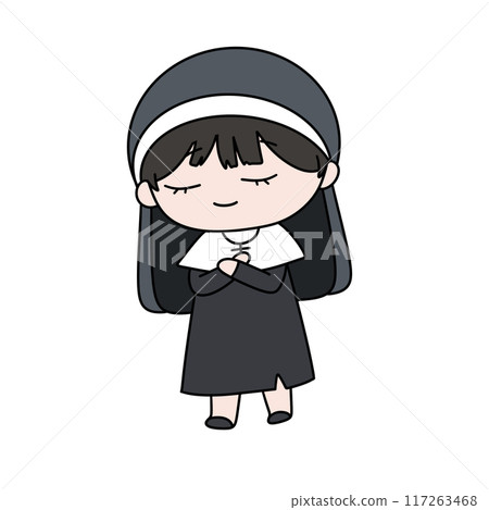 A cartoonish drawing of a nun with a white collar and a black dress 117263468