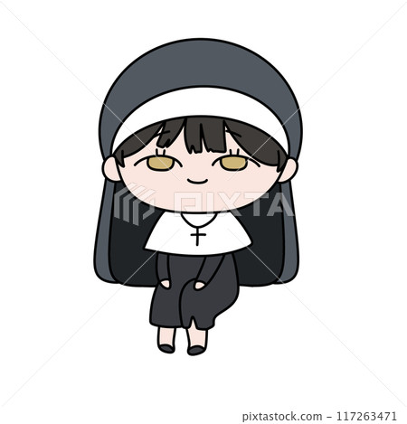 A cartoon nun with a cross around her neck and a white veil on her head A cartoon nun with a cross around her neck and a white veil on her head 117263471
