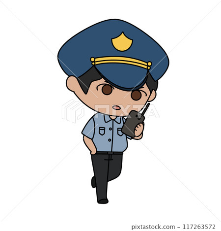 A cartoonish police officer is holding a cell phone A cartoonish police officer is holding a cell phone 117263572