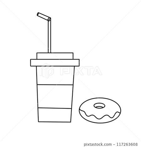 A cup of coffee with a straw and a donut on the side A cup of coffee with a straw and a donut on the side 117263608