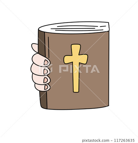 A hand is holding a brown book with a cross on it A hand is holding a brown book with a cross on it 117263635