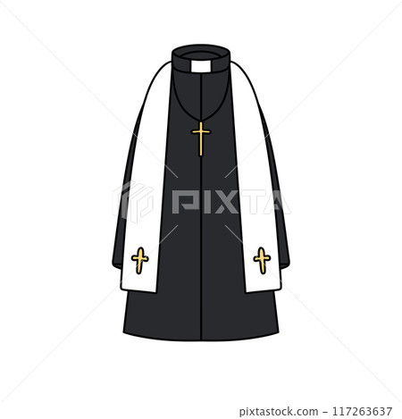 A black and white drawing of a priest's robe with a cross and a white scarf 117263637