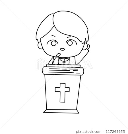 A cartoon boy is standing in front of a microphone and holding a Bible A cartoon boy is standing in front of a microphone and holding a Bible 117263655