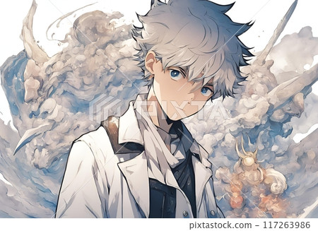 Anime-style illustration of a cool silver-haired boy looking at you 117263986