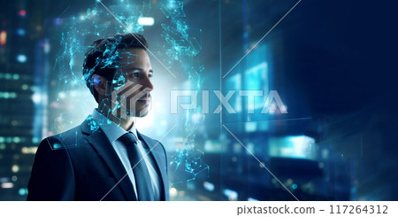 Cyber businessman. Global network concept. Futuristic interface with technology leader on virtual world. Data analytics 117264312
