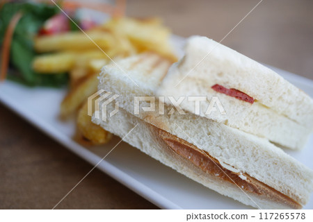 Grilled Panini Sandwich and Crispy French Fries beautifully served on a Wooden Board 117265578