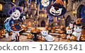 A fun streetscape with cute cats decorated for Halloween 117266341