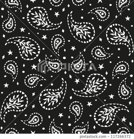 Black and white seamless pattern with celestial and paisley motifs 117266372