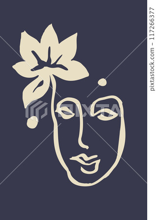 Vertical poster or card with ink wash drawing of abstract female face and flowers silhouette on dark background Vertical poster or card with ink wash drawing of abstract female face and flowers silhouette on dark background 117266377