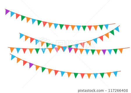 Hanging garlands for funfair. Carnival party flags border for children. Vector flat illustration isolated on white background 117266408