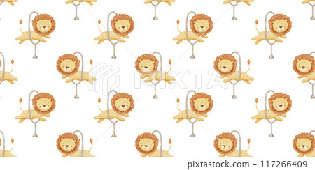 Seamless watercolor pattern with cute circus lion. 117266409