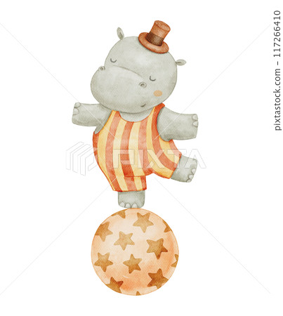 Watercolor circus hippo with hat on ball. Funny retro cute animal on isolated background. Watercolor circus hippo with hat on ball. Funny retro cute animal on isolated background. 117266410
