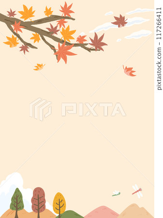 Autumn landscape, background frame of maple leaves falling in the wind, cute hand drawn illustration Autumn landscape, background frame of maple leaves falling in the wind, cute hand drawn illustration 117266411