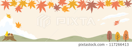 秋天的風景，楓葉在風中飄落背景框，橫幅大小，可愛的手繪插畫 117266413