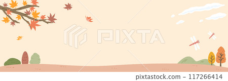 Autumn landscape, background frame of maple leaves falling in the wind, banner size, cute hand drawn illustration Autumn landscape, background frame of maple leaves falling in the wind, banner size, cute hand drawn illustration 117266414
