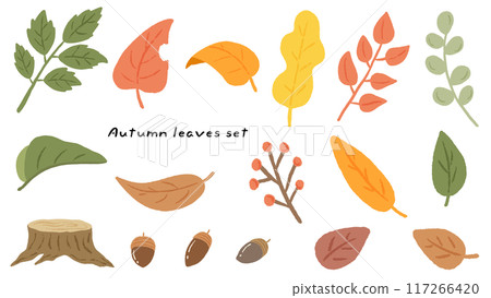 Cute hand drawn illustration set of autumn leaves, acorns and stumps Cute hand drawn illustration set of autumn leaves, acorns and stumps 117266420