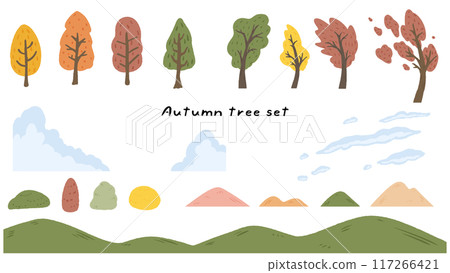 可愛的手繪插畫集秋天的樹木、山巒、雲彩、風景、秋天的素材 117266421