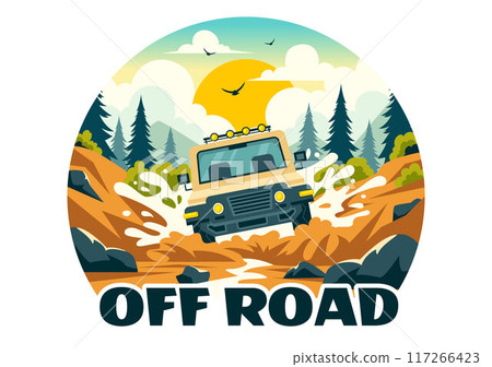 Off Road Vector Illustration of a Jeep or SUV Traversing Rocky Terrain, Rivers, and Sand in a Flat Extreme Sport Style Cartoon Background 117266423
