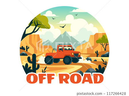 Off Road Vector Illustration of a Jeep or SUV Traversing Rocky Terrain, Rivers, and Sand in a Flat Extreme Sport Style Cartoon Background 117266428