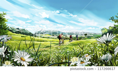 Mountain bikers enjoy a sunny day riding through a scenic meadow filled with flowers and mountains 117266617