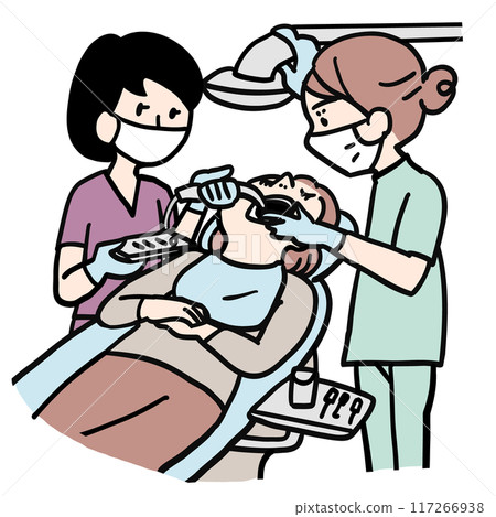 Dentist, dental assistant and patient Dentist, dental assistant and patient 117266938