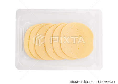 round sliced cheese in plastic package isolated on white 117267085