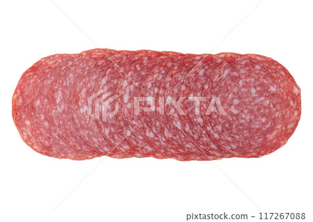 salami sausage cut into pieces isolated on white salami sausage cut into pieces isolated on white 117267088