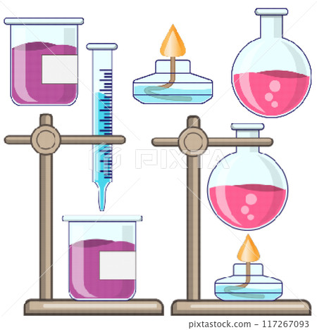 A set of chemical glassware. Pixel art. Isolated on white background. Vector illustration. A set of chemical glassware. Pixel art. Isolated on white background. Vector illustration. 117267093
