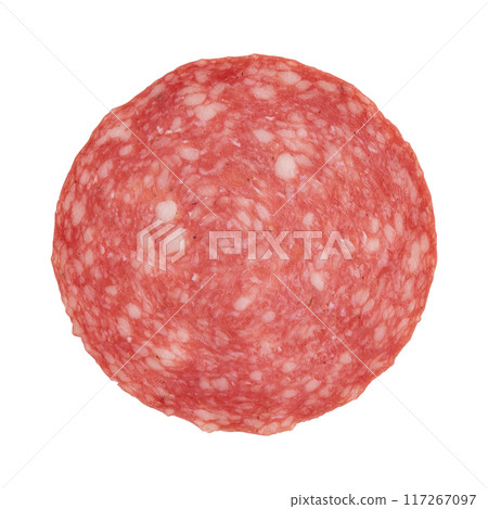 salami sausage cut into pieces isolated on white salami sausage cut into pieces isolated on white 117267097