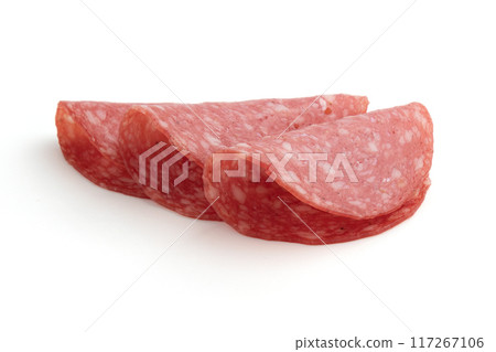 salami sausage cut into pieces isolated on white salami sausage cut into pieces isolated on white 117267106