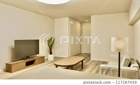 Orange lighting in a one-room apartment at night 117267439