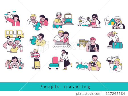 A set of simple line illustrations of people traveling A set of simple line illustrations of people traveling 117267584