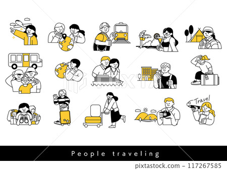 A set of simple line illustrations of people traveling 117267585