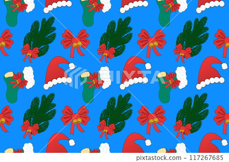 Christmas Seamless Pattern with Stockings and Santa Hats 117267685