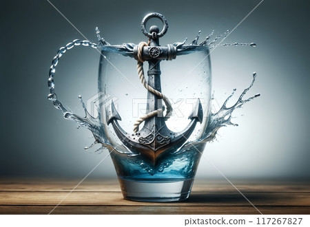 metal anchor from a ship in clear water 117267827