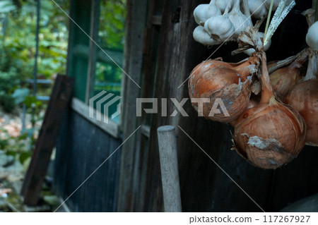 屋簷下掛著蔬菜 117267927