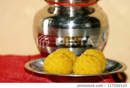 Bundi laddu dessert made during indian festival Bundi laddu dessert made during indian festival 117268520