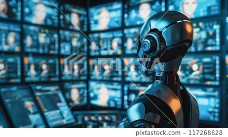 An advanced AI robot is analyzing data on multiple monitors in a scifi control room 117268828