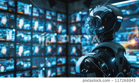 Advanced AI is analyzing data on multiple screens in a futuristic control center Advanced AI is analyzing data on multiple screens in a futuristic control center 117268845