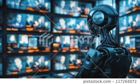 In a hightech control center, a futuristic AI robot is conducting surveillance on multiple screens 117268872