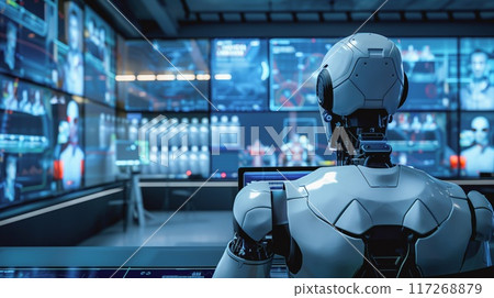 AI Robot Monitoring Control Center with Multiple Screens for overseeing operations 117268879