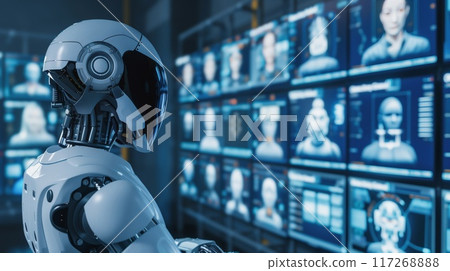 An advanced robot processes facial recognition data on multiple screens for monitoring and security 117268888