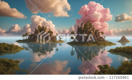 海面反射的雲和島嶼的幻想插圖 117268961