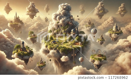 日落時漂浮在空中的島上一座古老城堡的風景，奇幻插圖 117268962