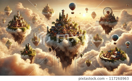 日落時漂浮在天空中的一座島上的城堡和城鎮的景觀，奇幻的插圖 117268963