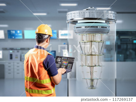 Quantum engineering technology with engineer develop quantum computer machine in shield 117269137
