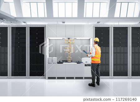 Quantum engineering technology with engineer develop quantum computer machine in shield capsule 117269140