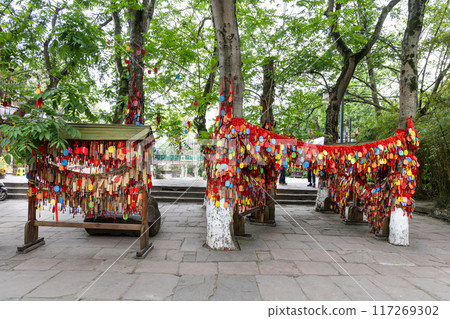 Popular bodhi wishing tree in Huanglongzi ancient town in Sichuan Chian with thousand of wishes. 117269302